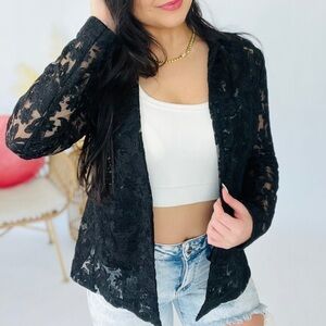 WHITE BIRCH Lace Jacket Woman Medium Black Blazer Sheer Brocade Elegant Formal
